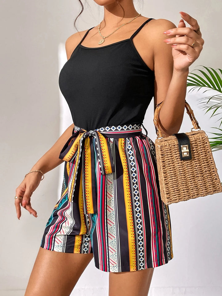 High Waist Belted Short Cami Romper