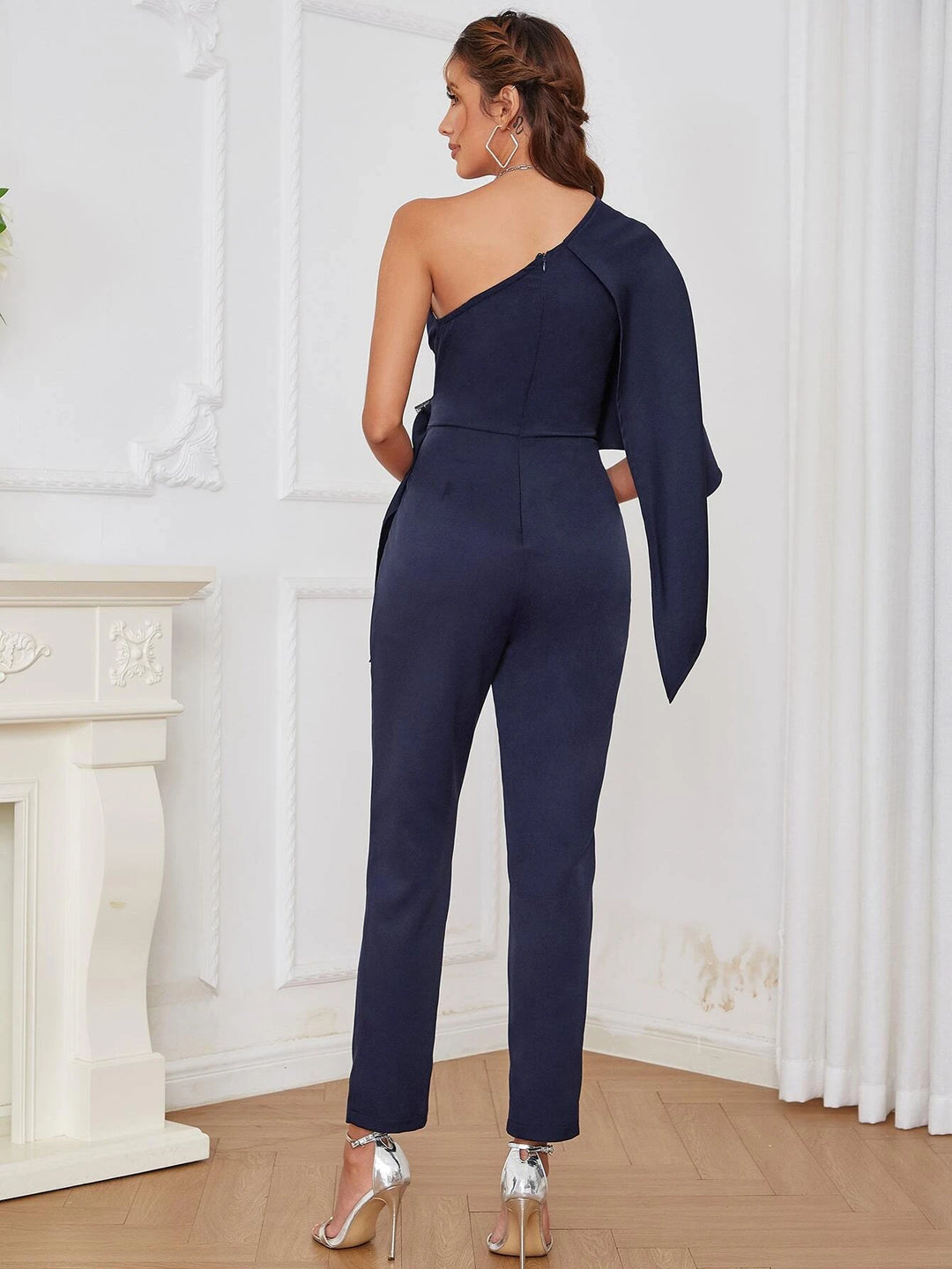 One Shoulder Cloak Sleeve Buckled Side Jumpsuit