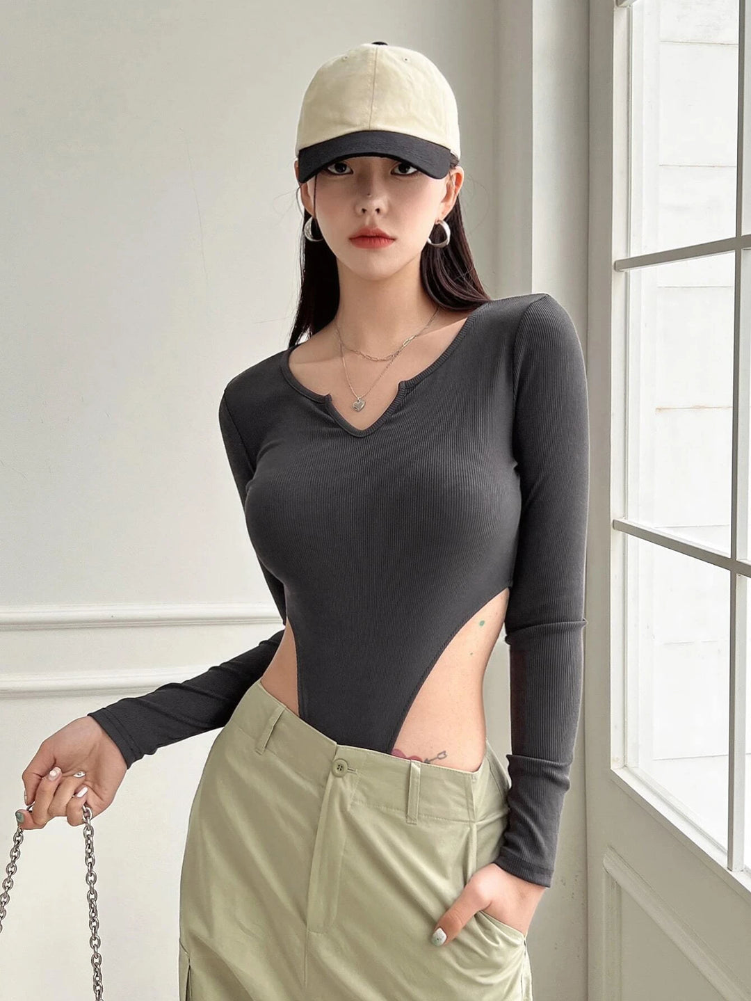 Notched Neck Long Sleeve Bodysuit