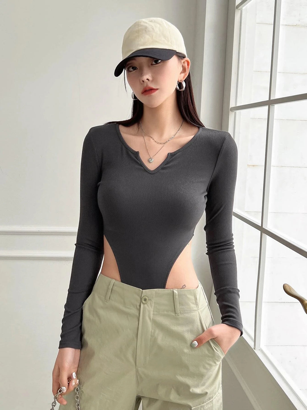 Notched Neck Long Sleeve Bodysuit