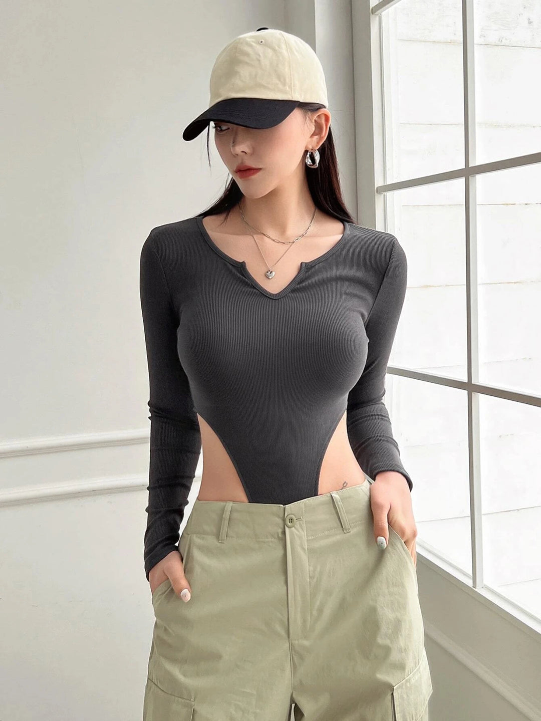 Notched Neck Long Sleeve Bodysuit