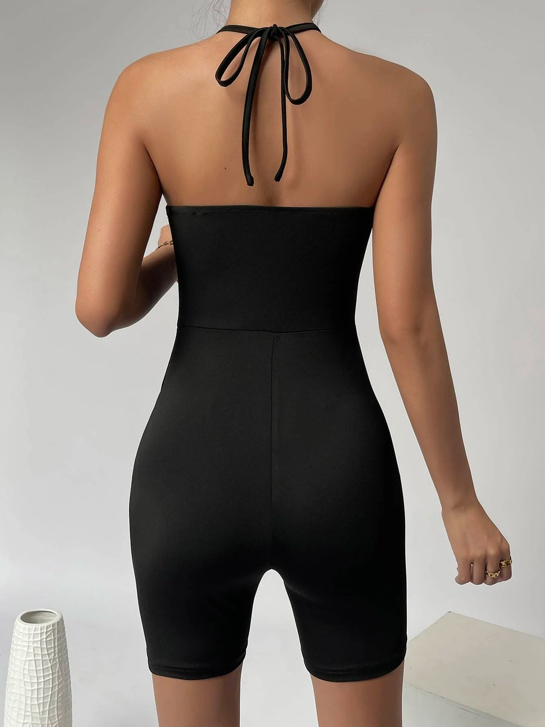 Backless Contrast Mesh Halter Unitard Romper