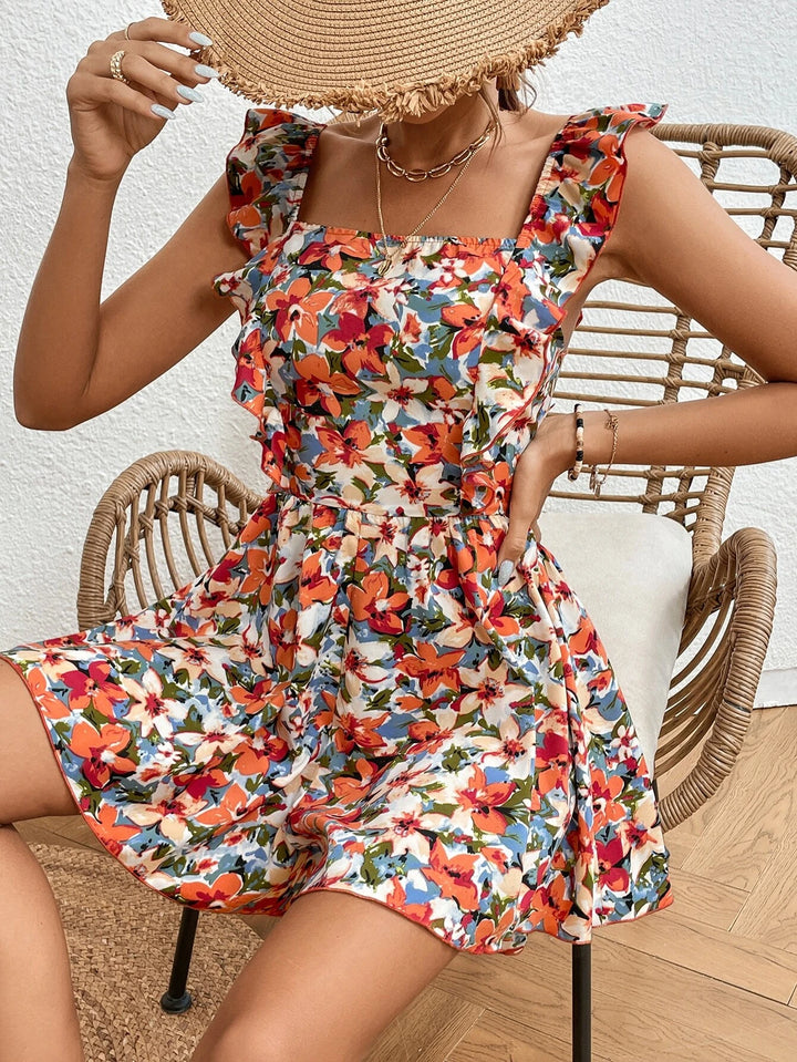 Floral Print Ruffle Trim Square Neck Romper