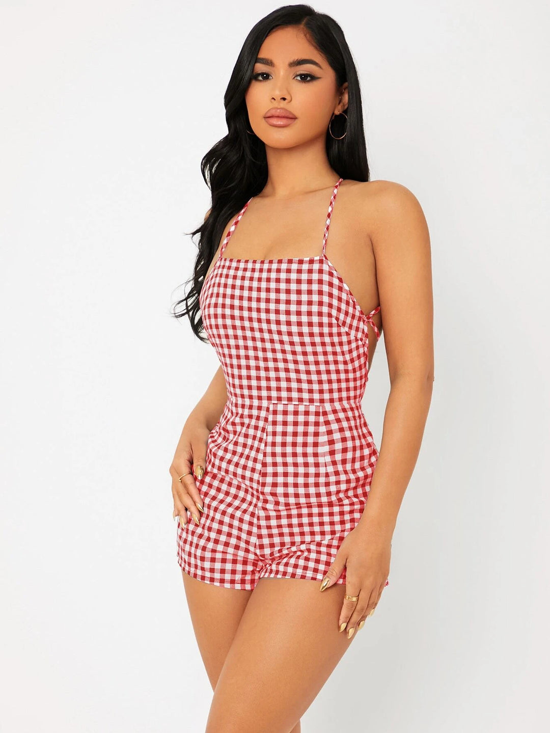 Print Lace Up Backless Slip Romper