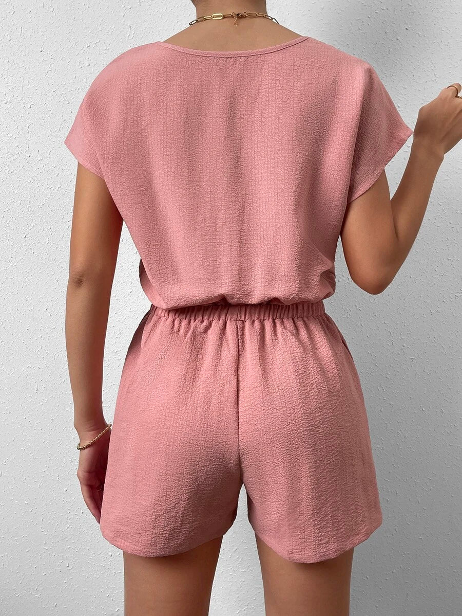 Button Front Batwing Sleeve Half Button Romper