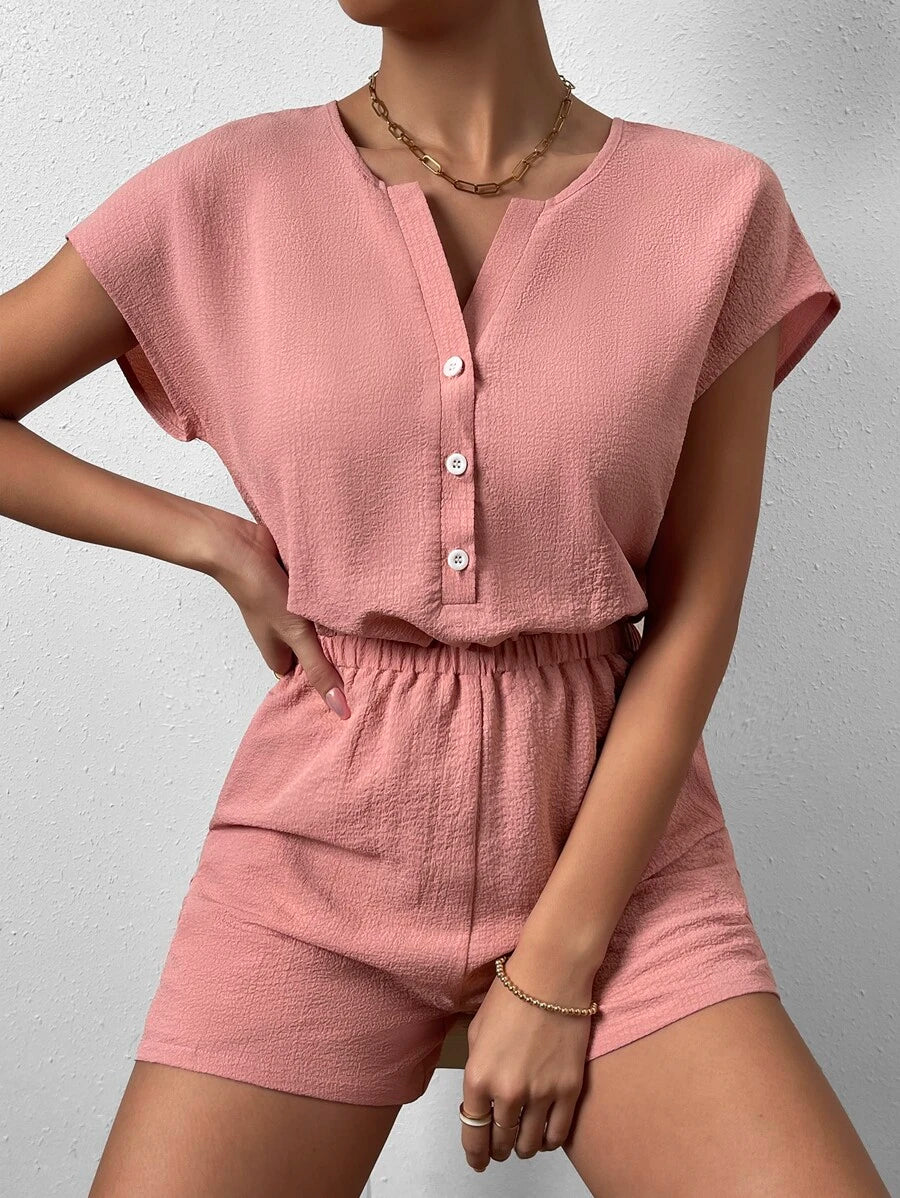 Button Front Batwing Sleeve Half Button Romper