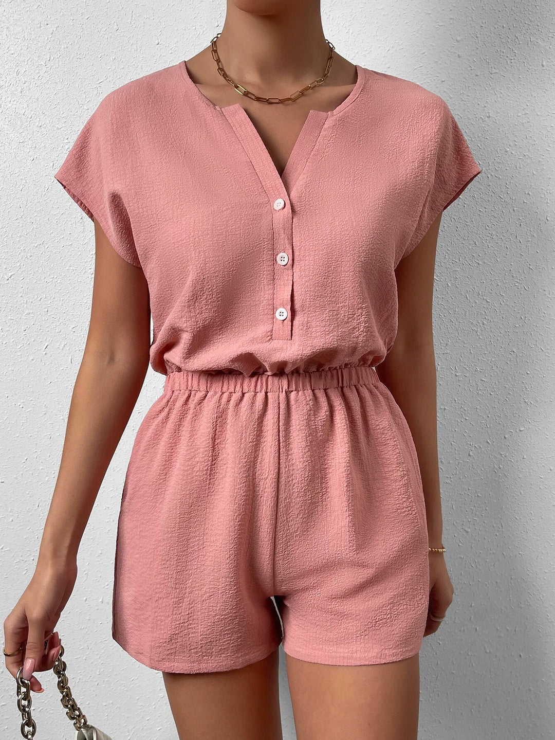 Button Front Batwing Sleeve Half Button Romper