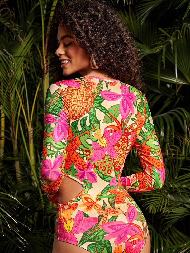 Tropical Print Cut Out Waist Bodysuit