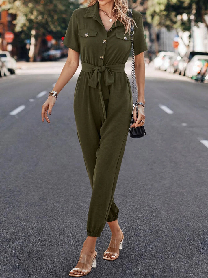 Plain Belted Shirt Jumpsuit