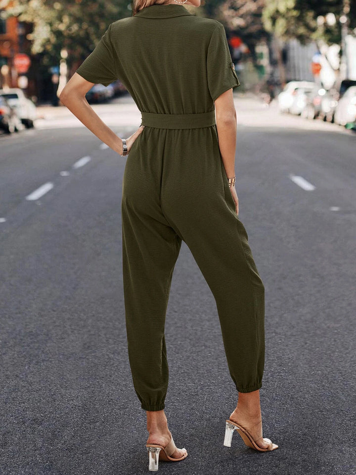 Plain Belted Shirt Jumpsuit