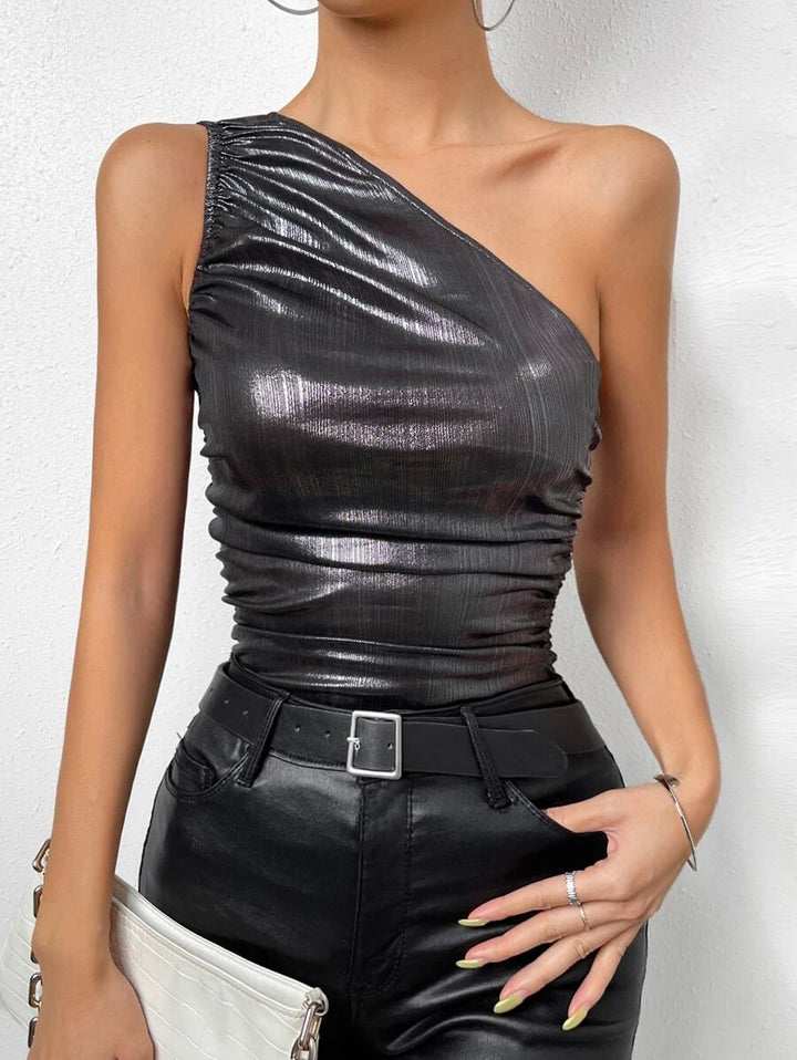 One Shoulder Ruched Sleeveless Metallic Bodysuit