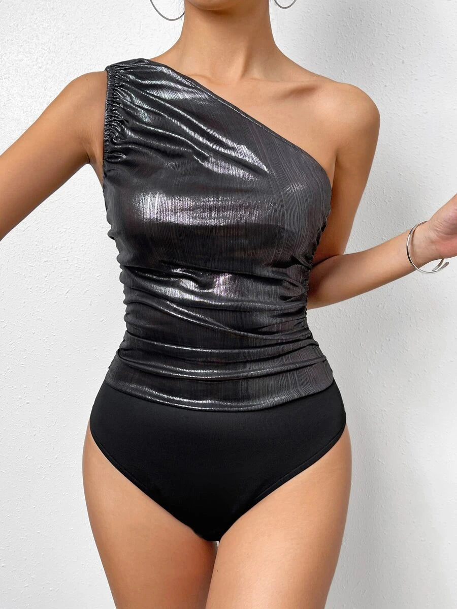 One Shoulder Ruched Sleeveless Metallic Bodysuit