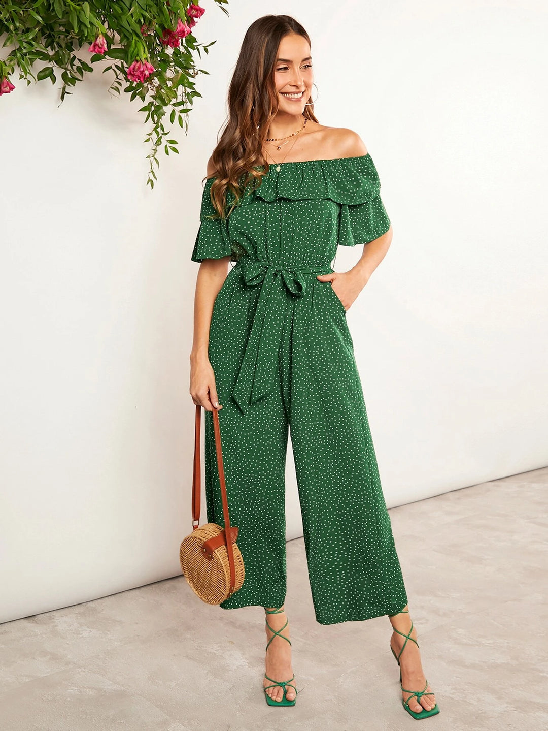 Polka Dot Off Shoulder Ruffle Trim Belted Jumpsuit