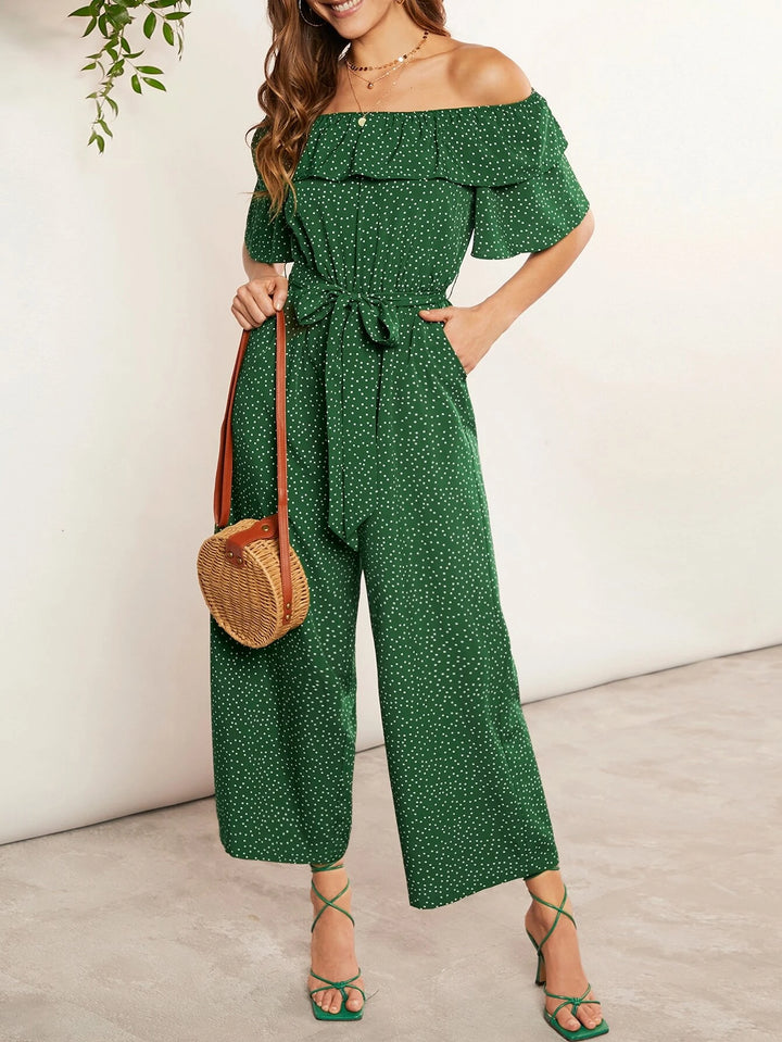 Polka Dot Off Shoulder Ruffle Trim Belted Jumpsuit