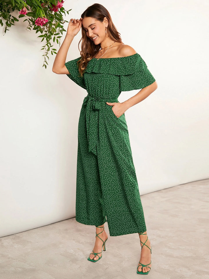 Polka Dot Off Shoulder Ruffle Trim Belted Jumpsuit