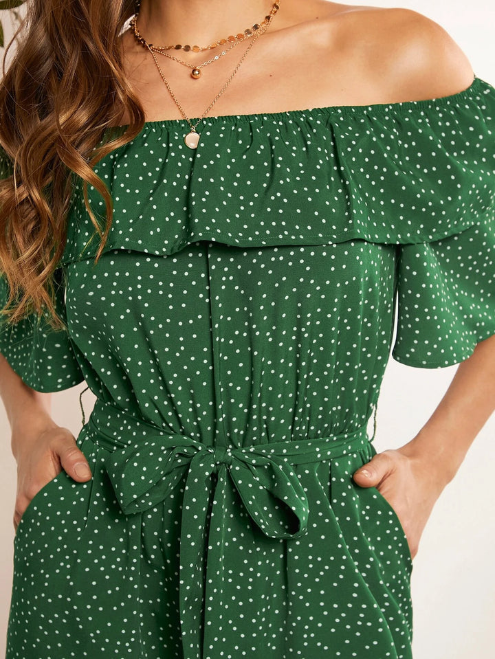 Polka Dot Off Shoulder Ruffle Trim Belted Jumpsuit