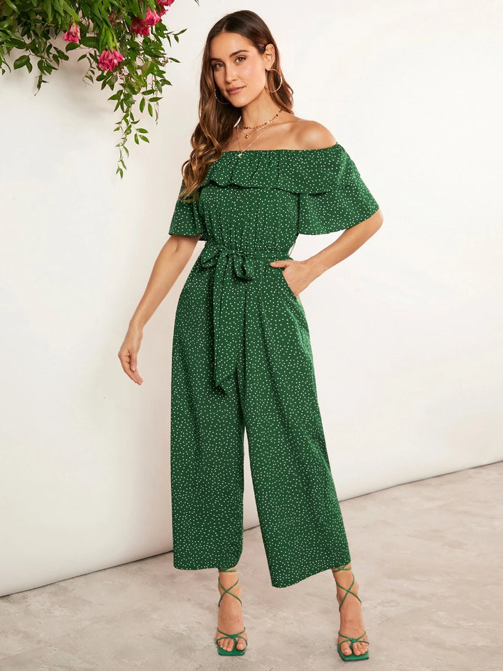 Polka Dot Off Shoulder Ruffle Trim Belted Jumpsuit