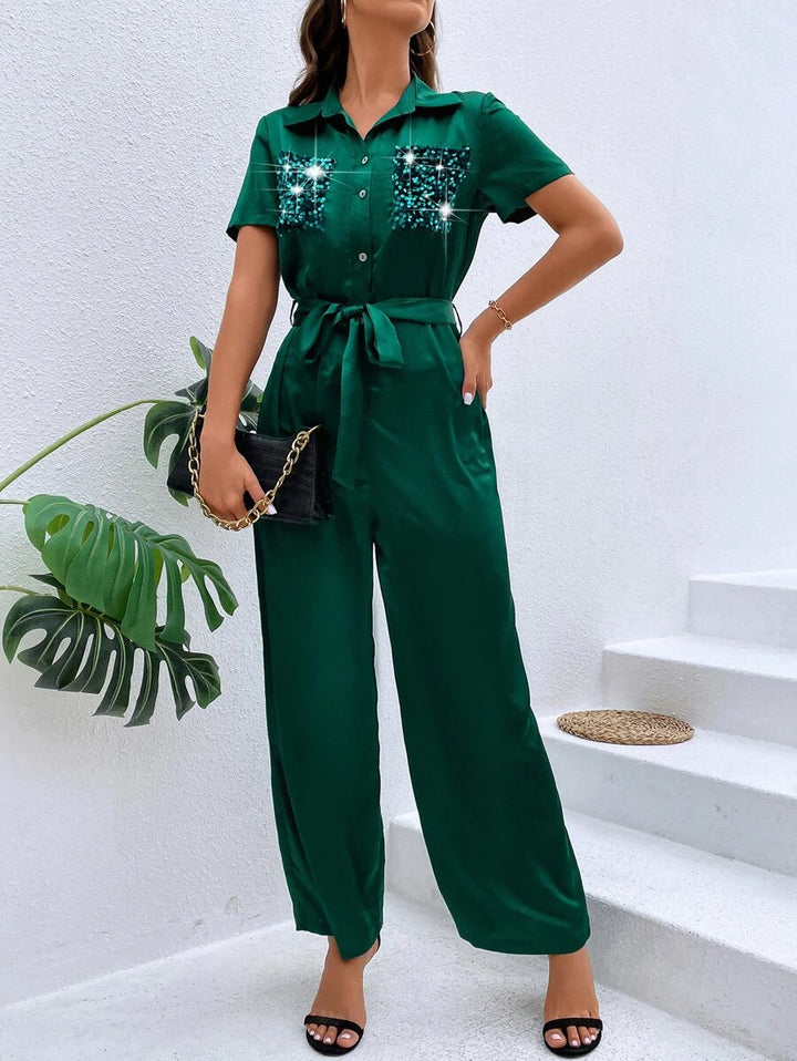 Contrast Sequin Belted Shirt Jumpsuit