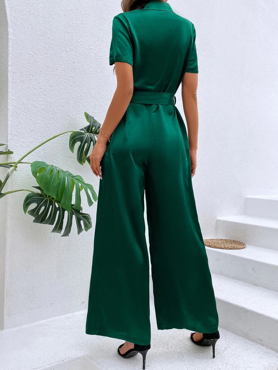 Contrast Sequin Belted Shirt Jumpsuit