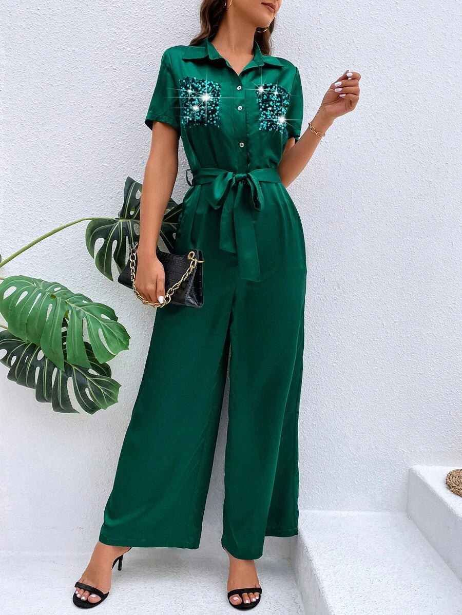 Contrast Sequin Belted Shirt Jumpsuit