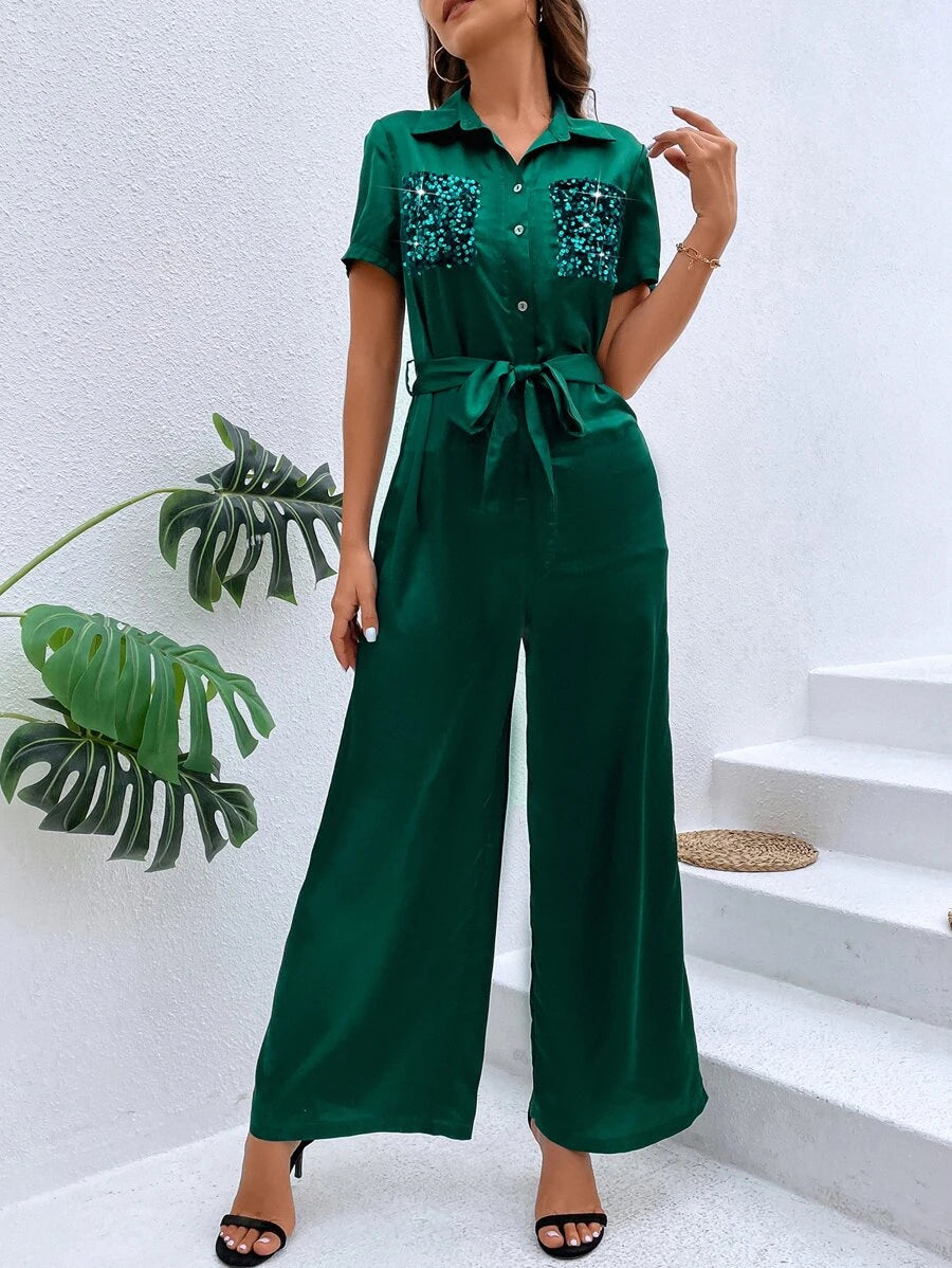 Contrast Sequin Belted Shirt Jumpsuit