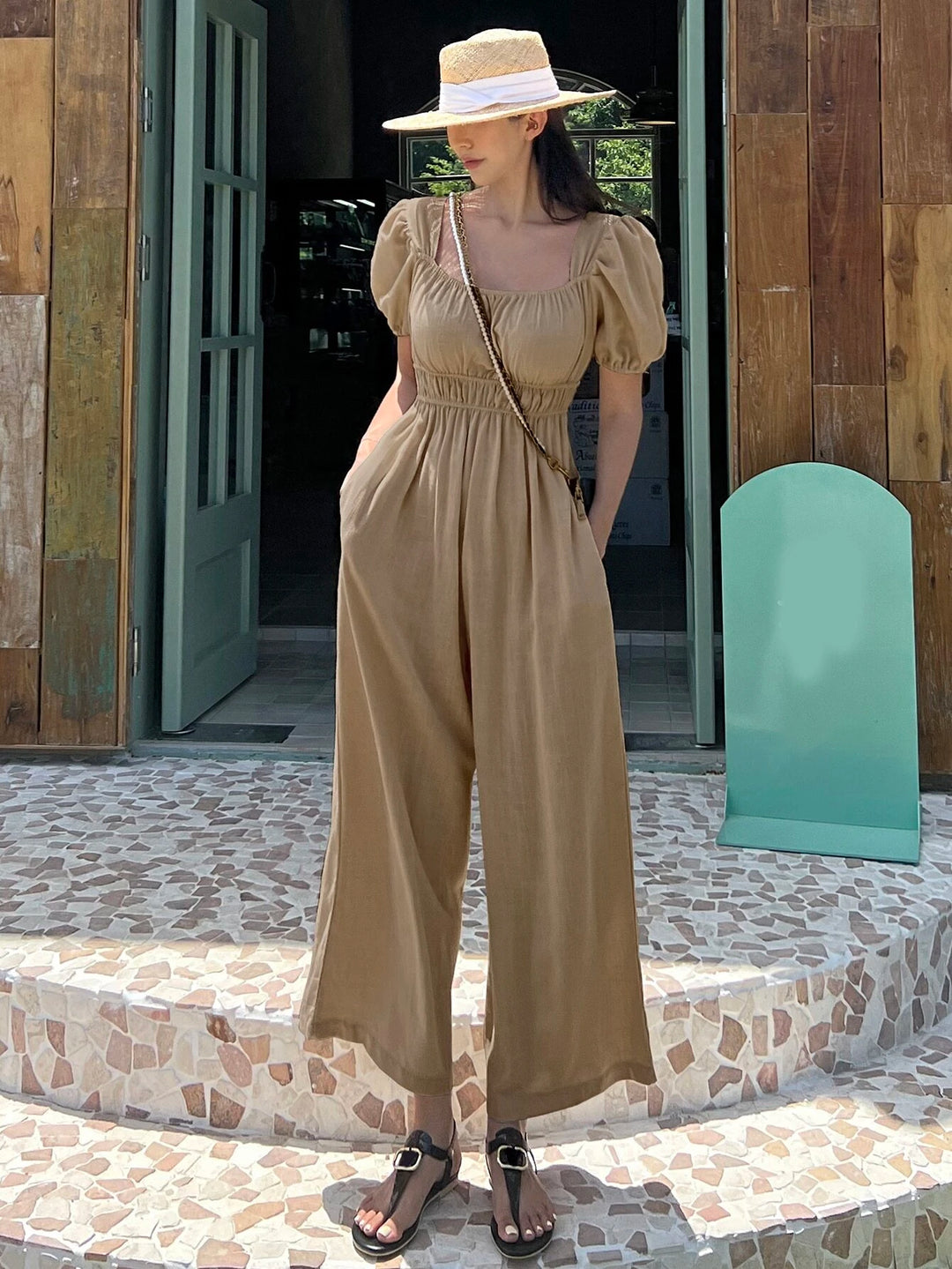 Solid Puff Sleeve Wide Leg Jumpsuit