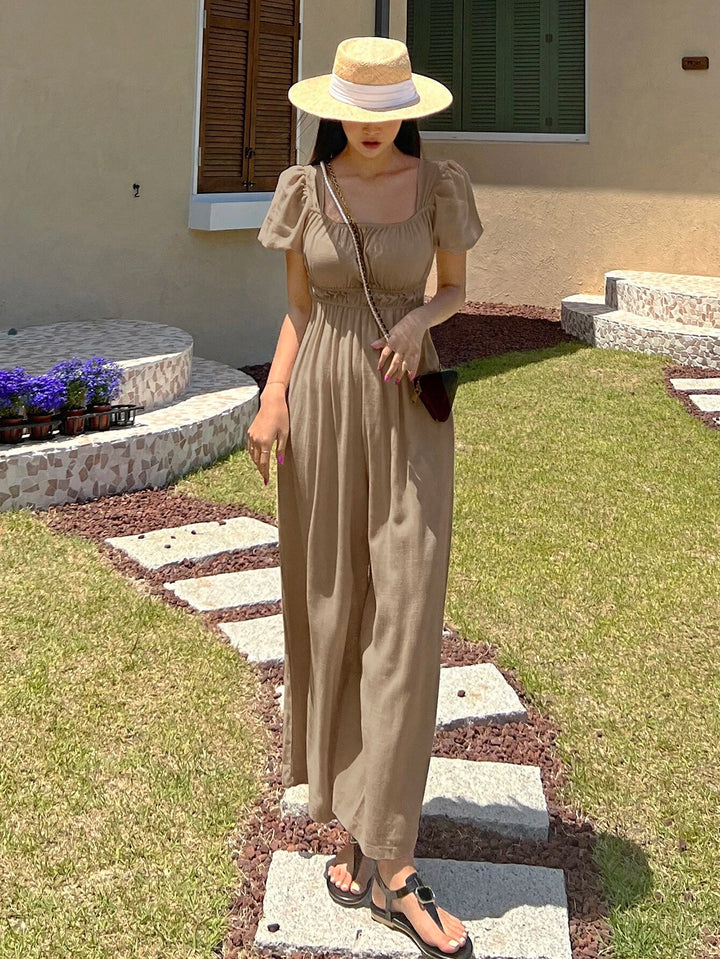 Solid Puff Sleeve Wide Leg Jumpsuit