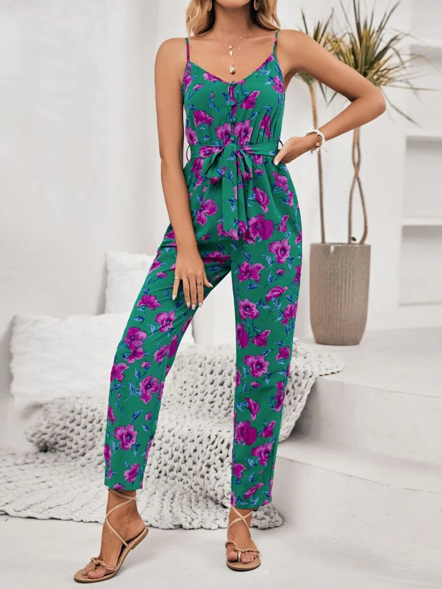 Frenchy Floral Print Belted Cami Jumpsuit