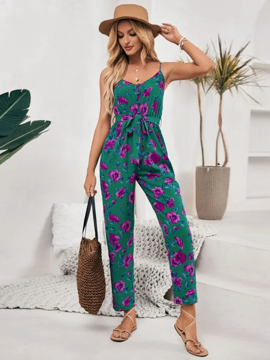 Frenchy Floral Print Belted Cami Jumpsuit