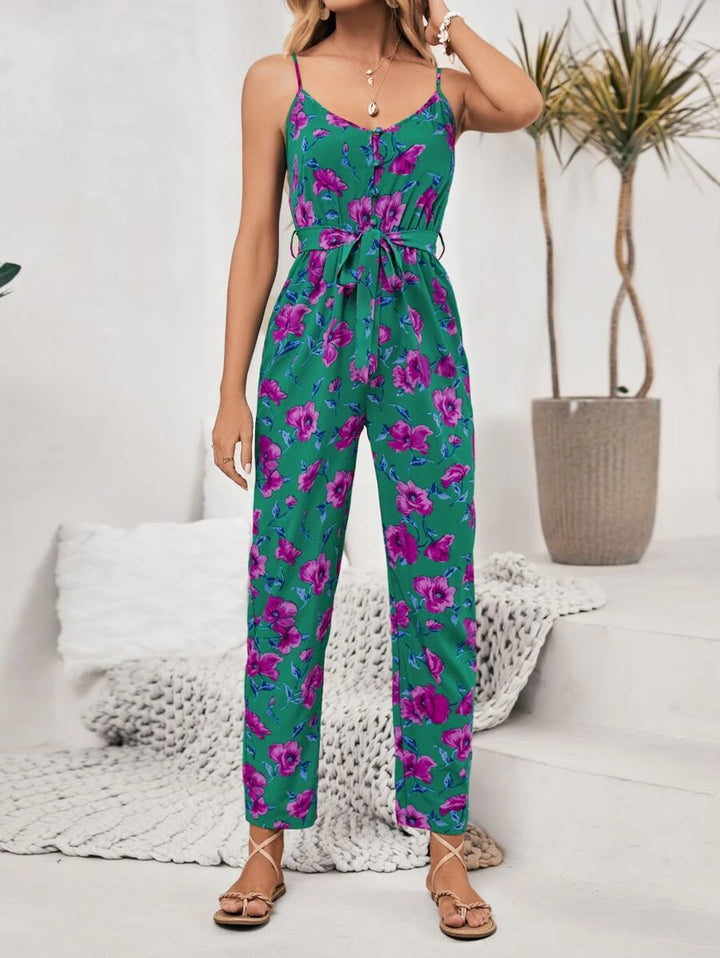 Frenchy Floral Print Belted Cami Jumpsuit