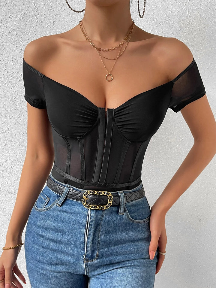 Off Shoulder Hook And Eye Mesh Insert Bodysuit