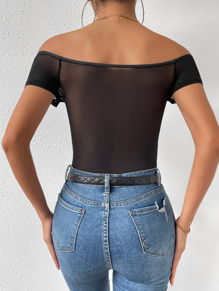 Off Shoulder Hook And Eye Mesh Insert Bodysuit