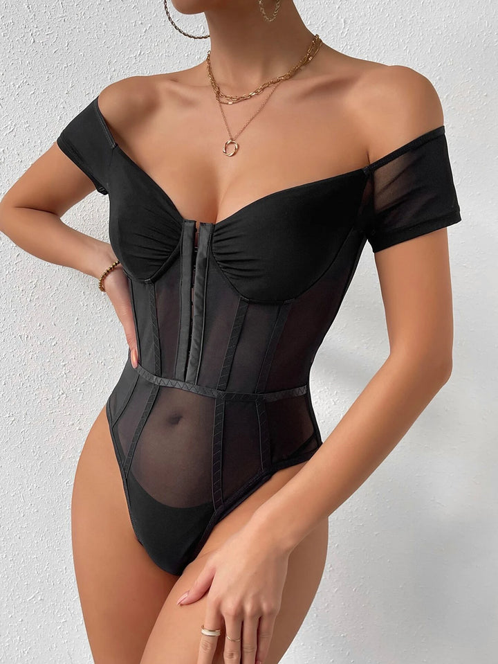 Off Shoulder Hook And Eye Mesh Insert Bodysuit