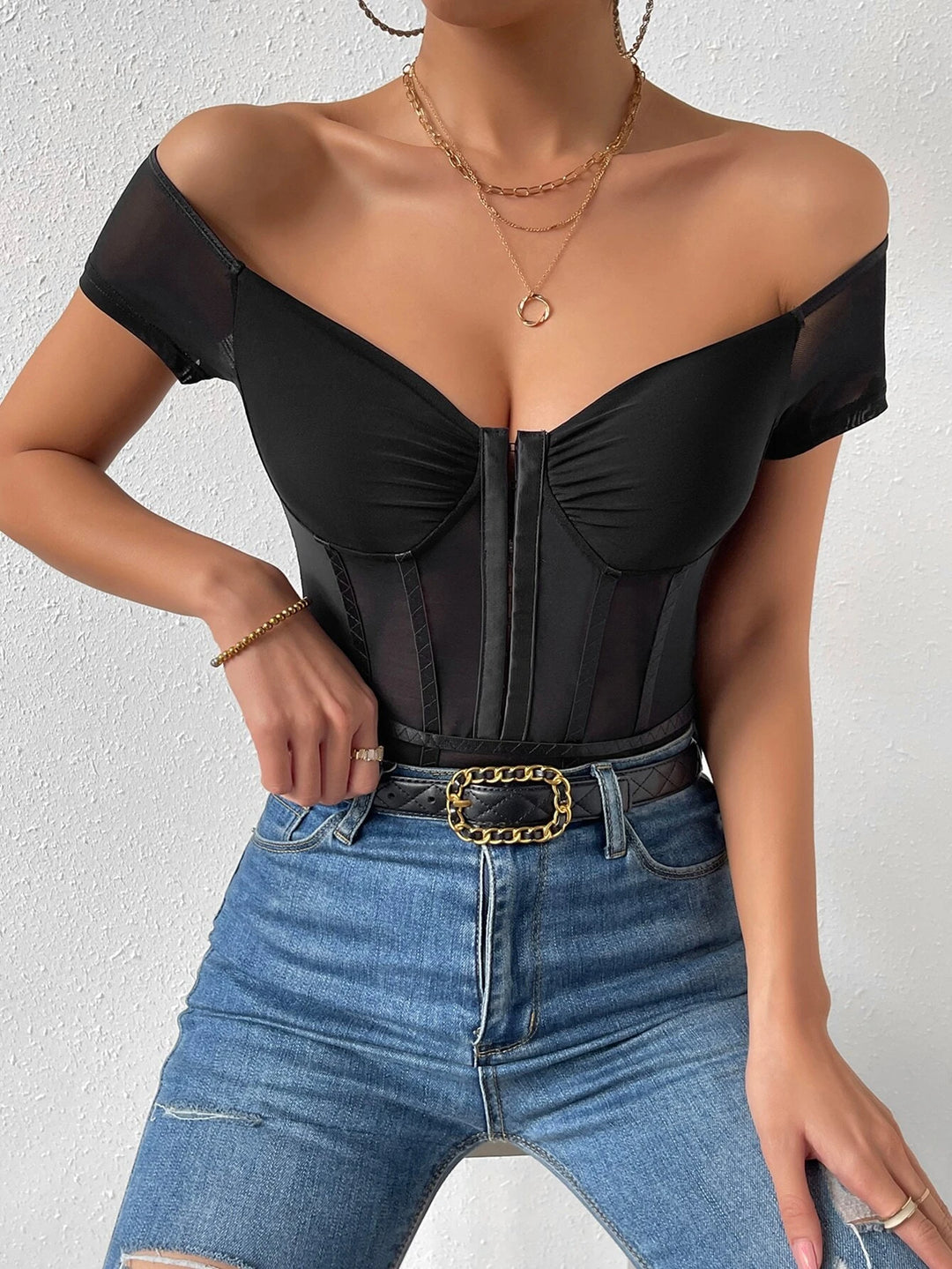 Off Shoulder Hook And Eye Mesh Insert Bodysuit