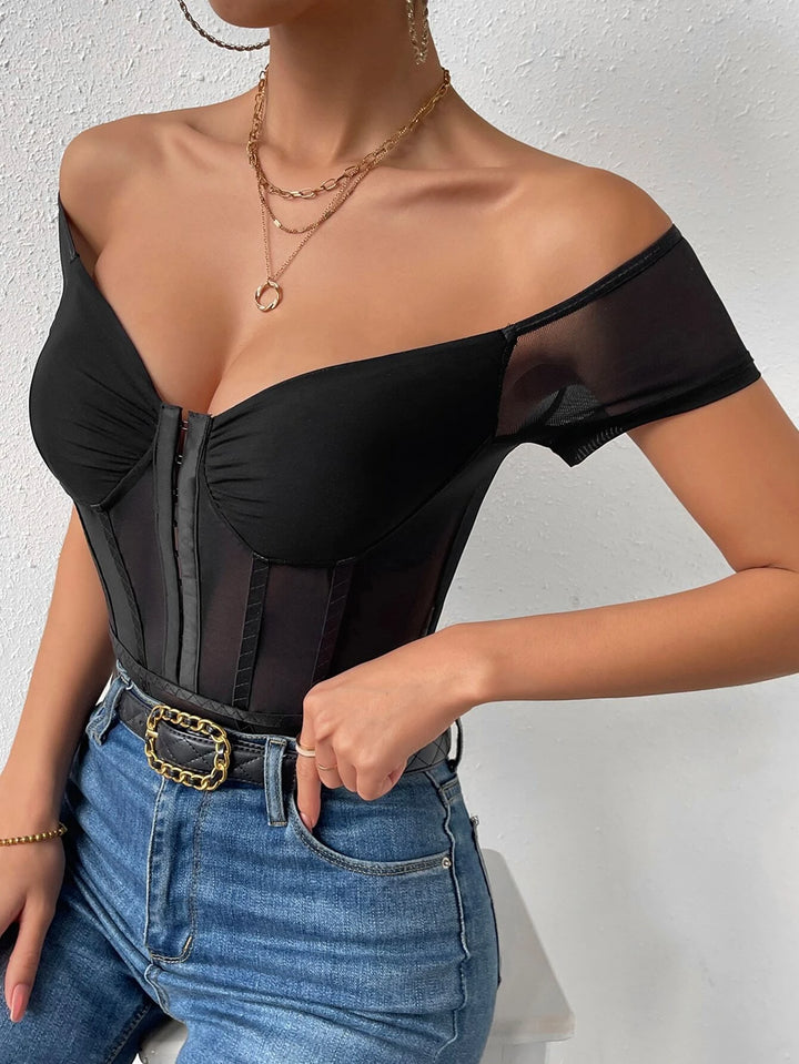 Off Shoulder Hook And Eye Mesh Insert Bodysuit