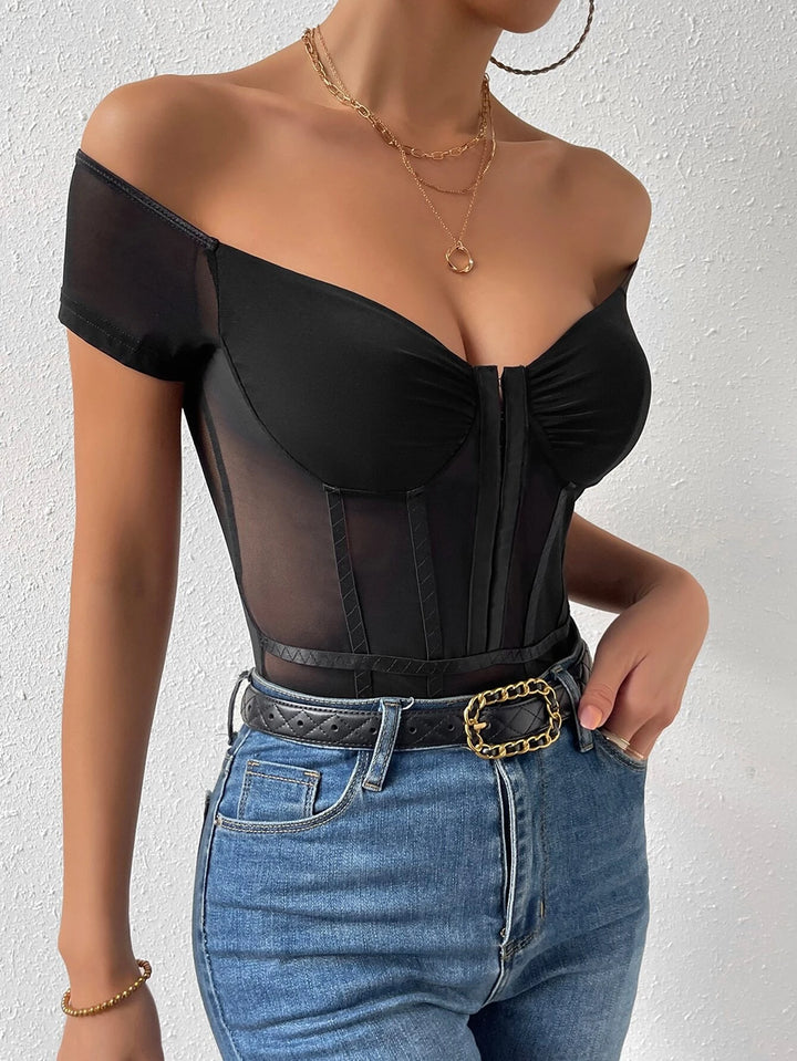 Off Shoulder Hook And Eye Mesh Insert Bodysuit