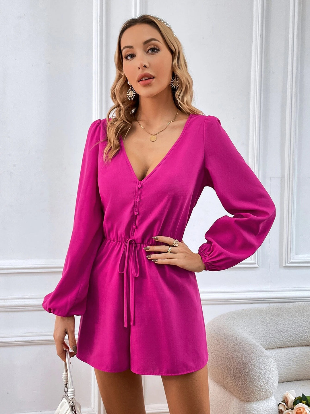 Bishop Sleeve Knot Front Romper