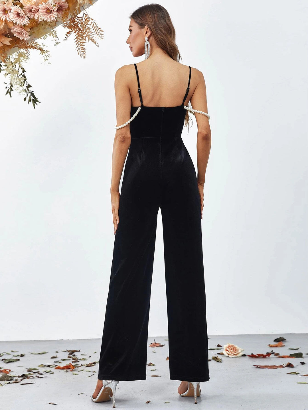 Pearls Beaded Detail Velvet Cami Jumpsuit