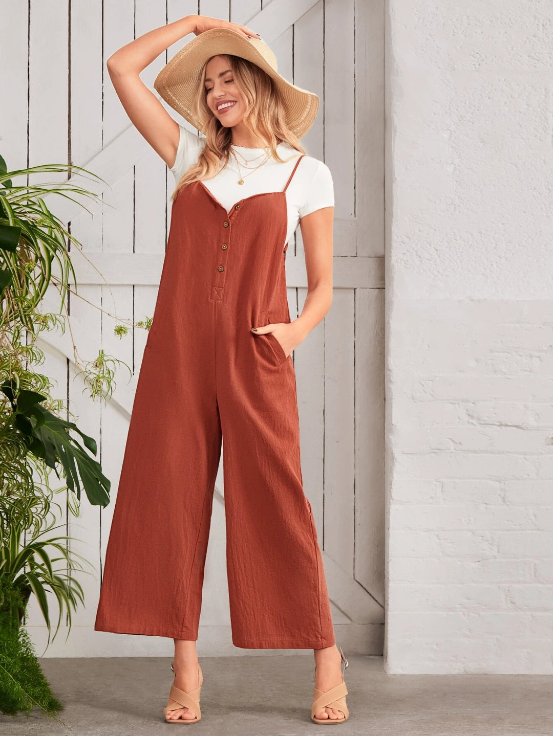 Button Front Wide Leg Cami Jumpsuit Without Tee