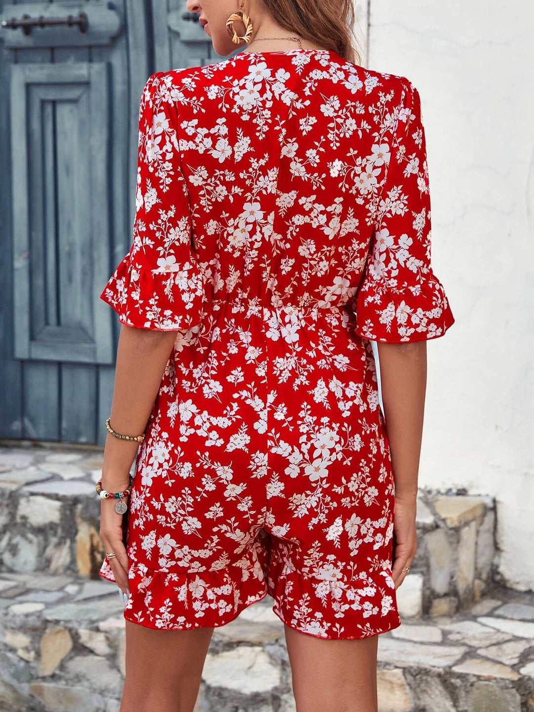 Allover Floral Print Knot Front Flounce Sleeve Romper