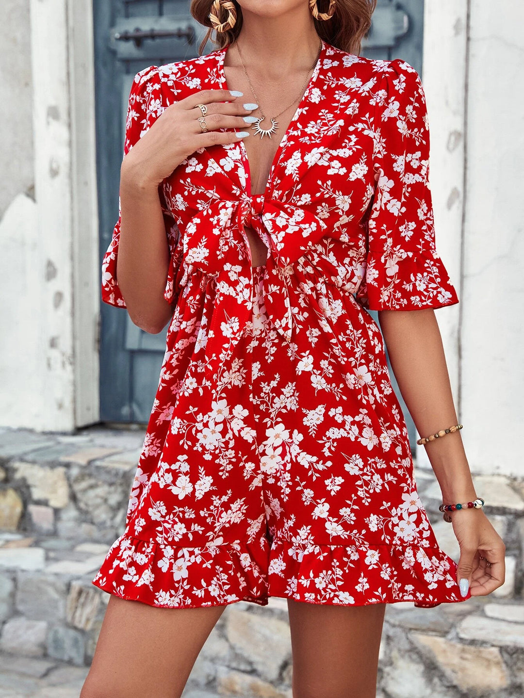 Allover Floral Print Knot Front Flounce Sleeve Romper