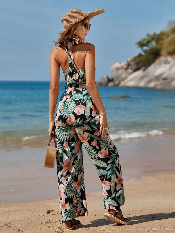 Tropical Print Belted Halter Neck Backless Jumpsuit