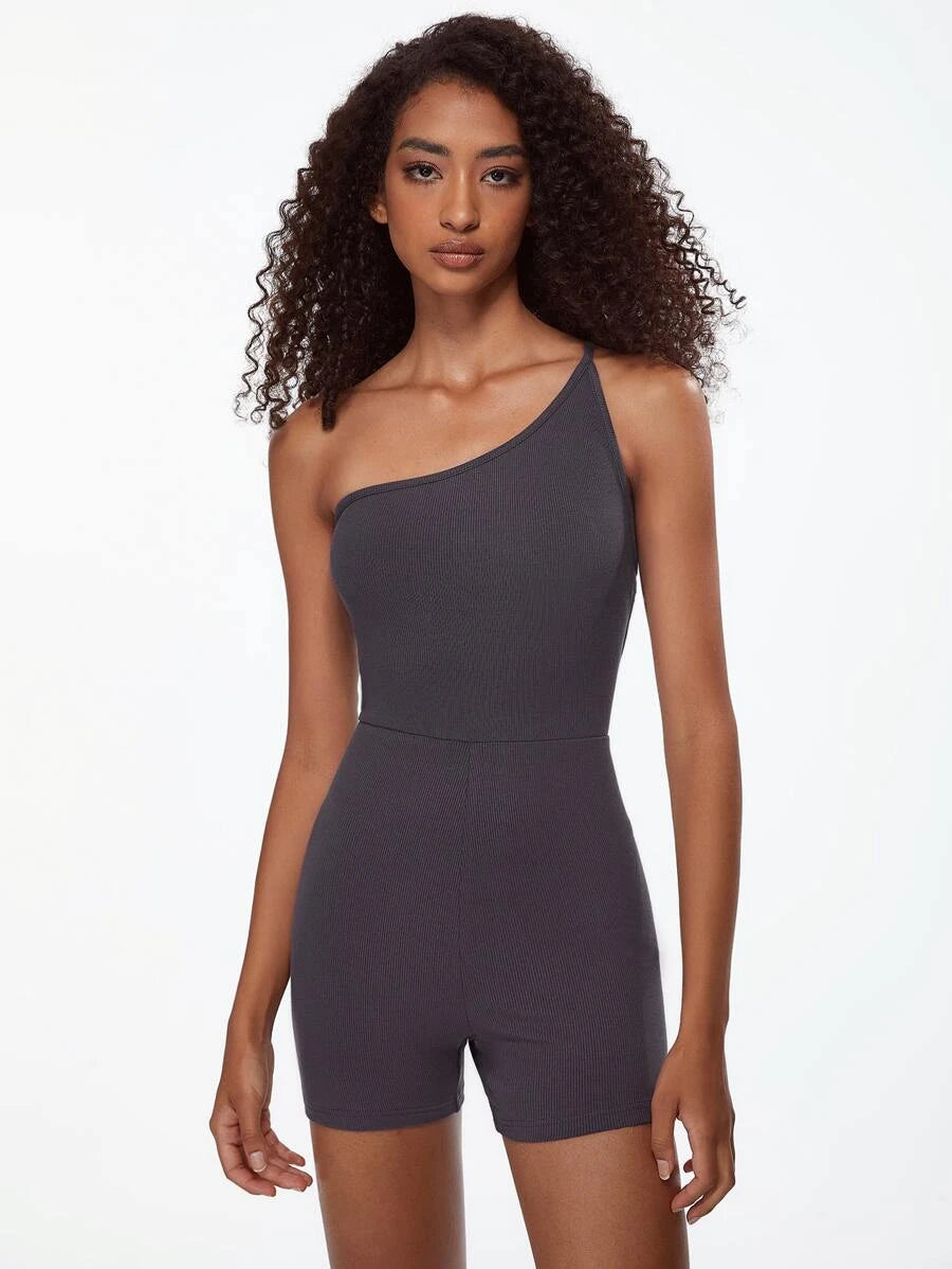 One Shoulder Ribbed Knit Unitard Romper