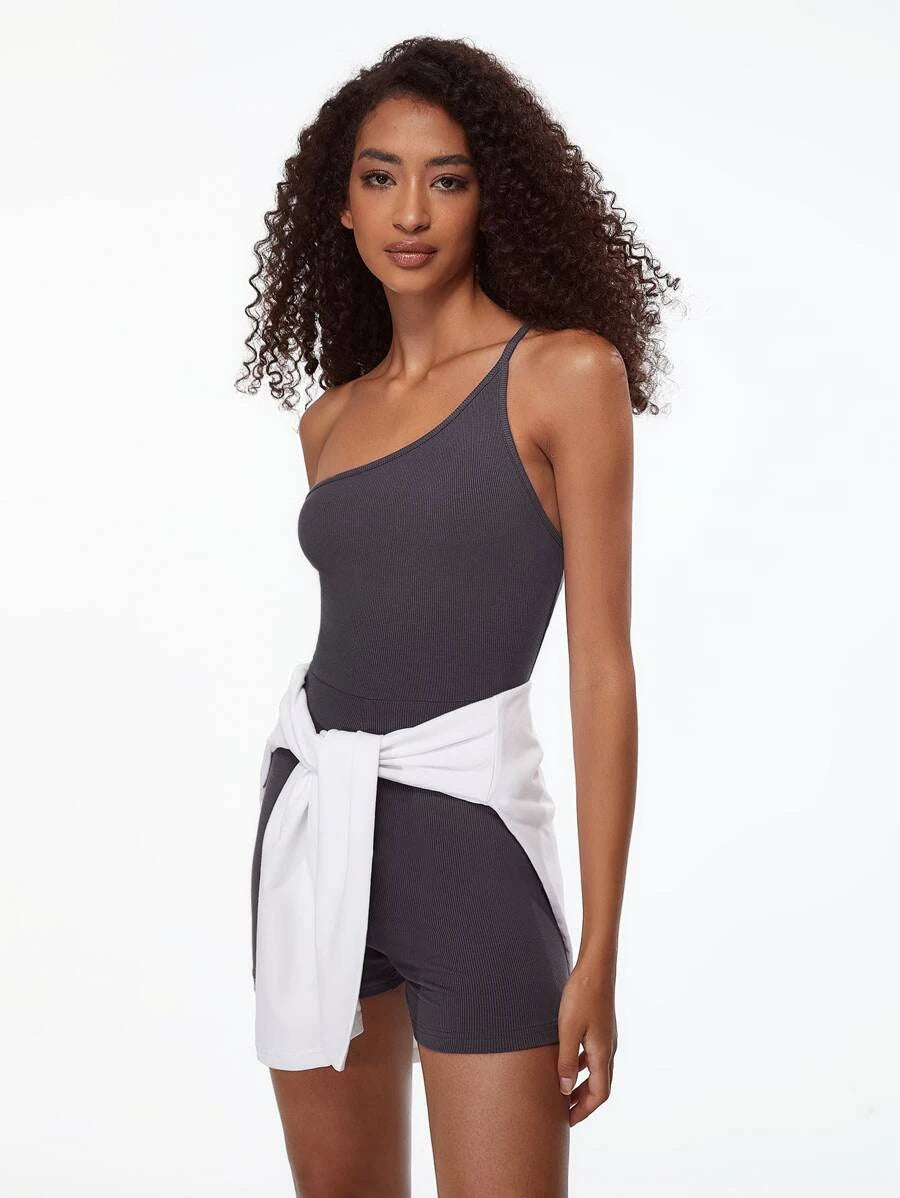 One Shoulder Ribbed Knit Unitard Romper