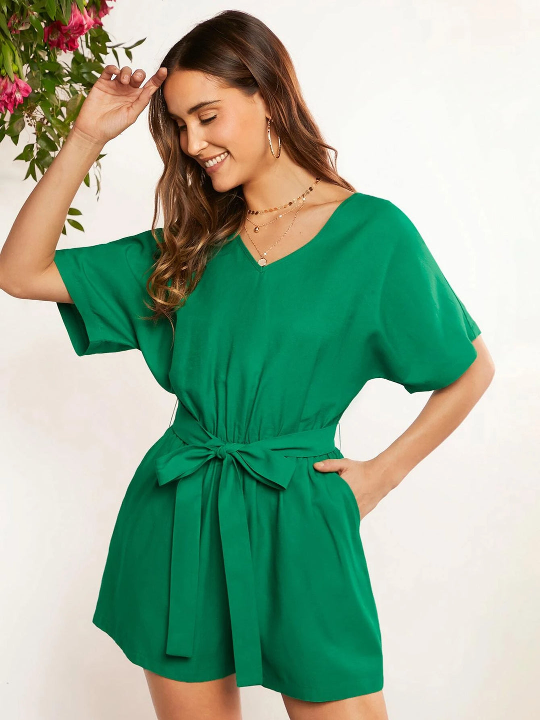 Hidden Pocket Belted Romper With Bow