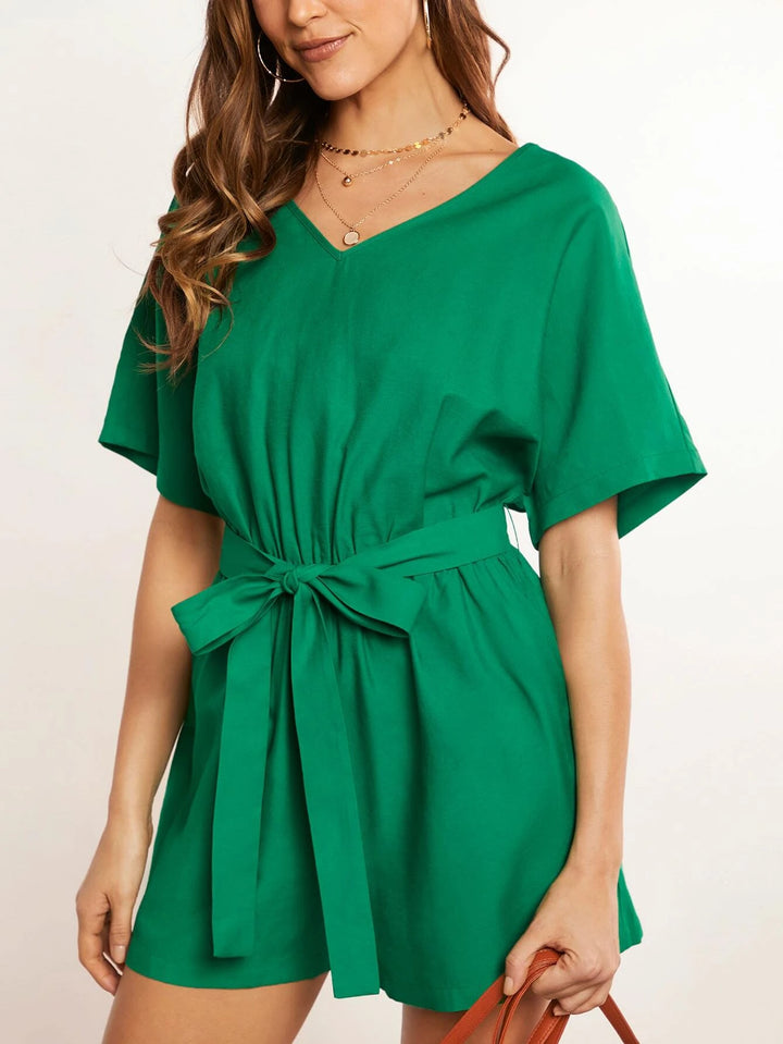 Hidden Pocket Belted Romper With Bow