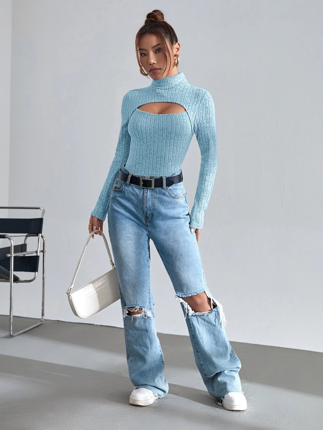 Ribbed Knit Cut Out Front Turtleneck Bodysuit