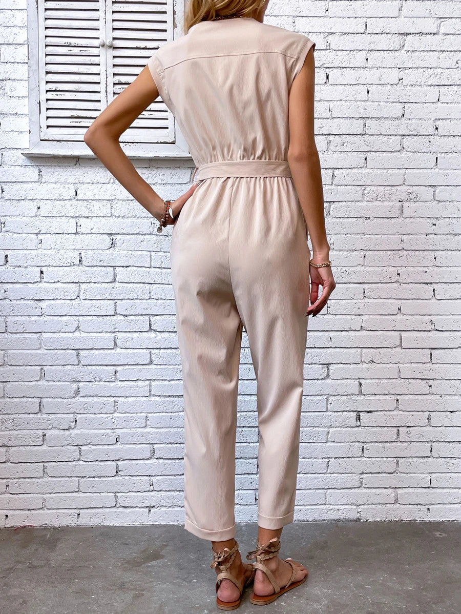Casual Button Front Belted Jumpsuit