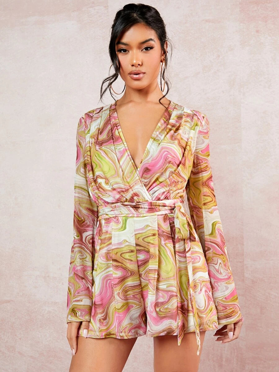 Deep V Neck Marble Print Belted Mesh Romper