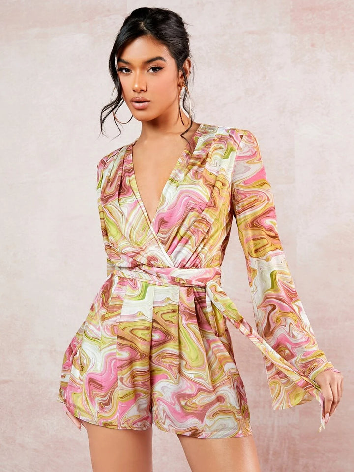 Deep V Neck Marble Print Belted Mesh Romper